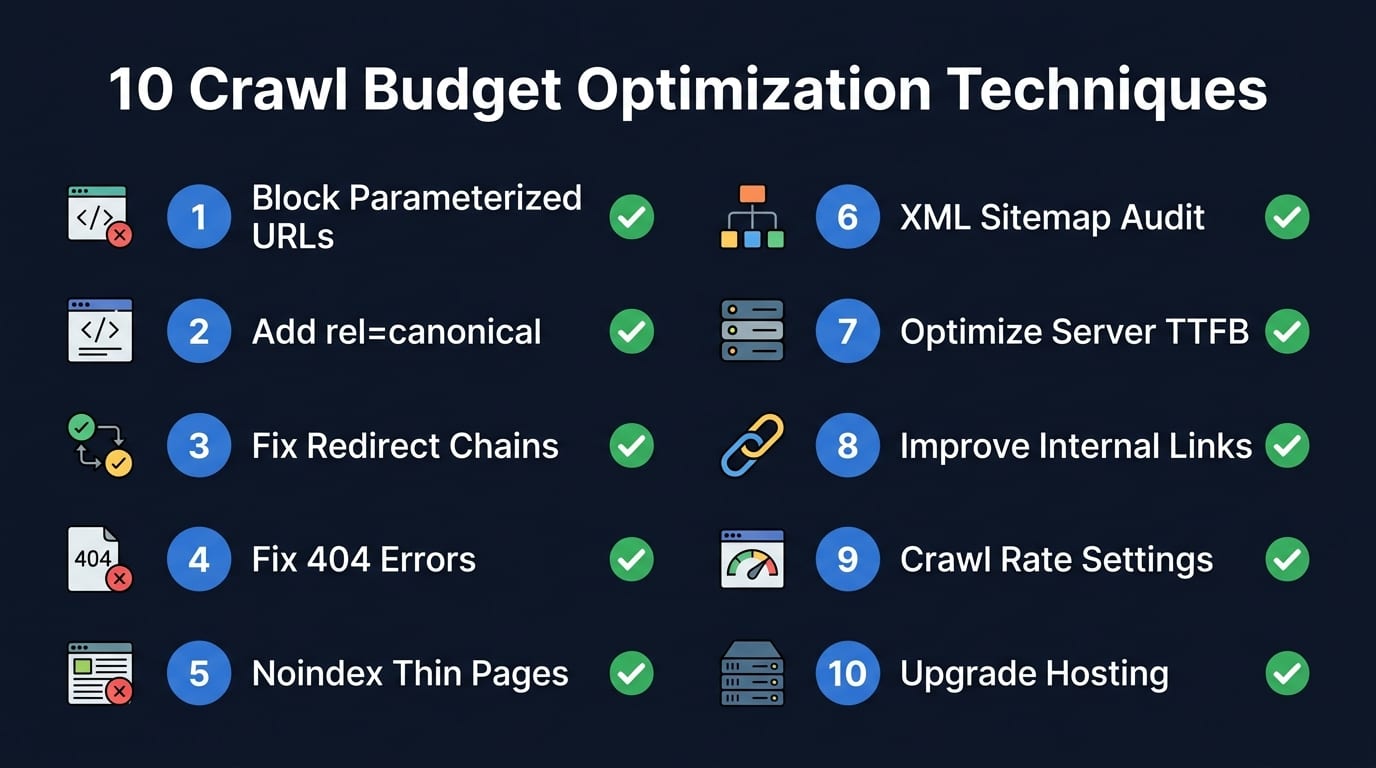 10 Proven Crawl Budget Optimization Techniques for 2026 — visual checklist