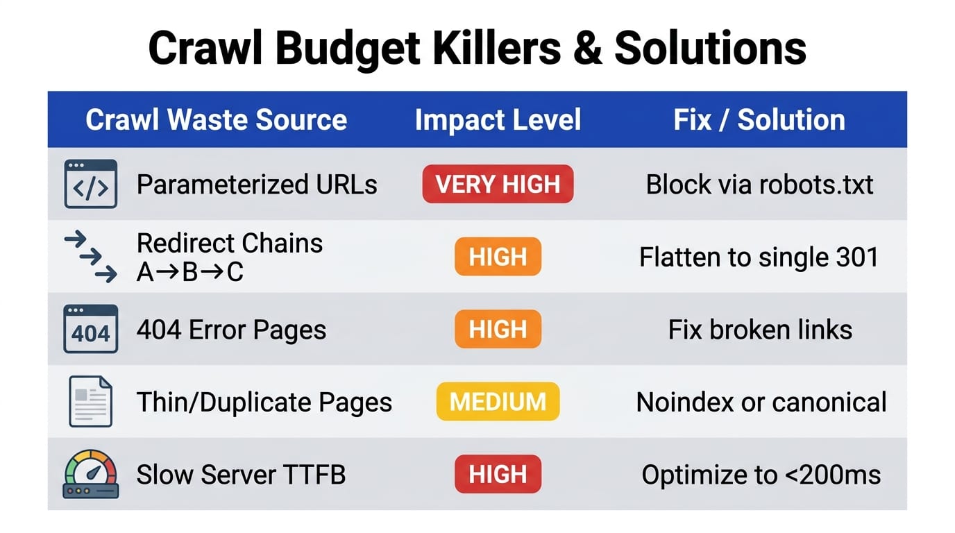 Crawl Budget Killers and Solutions comparison table — parameterized URLs, redirect chains, 404 errors
