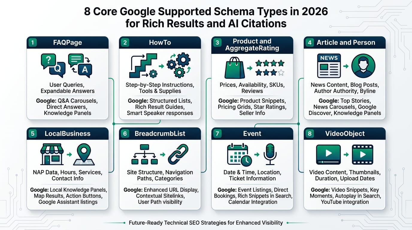 8 Core Google Supported Schema Types in 2026 for Rich Results and AI Citations